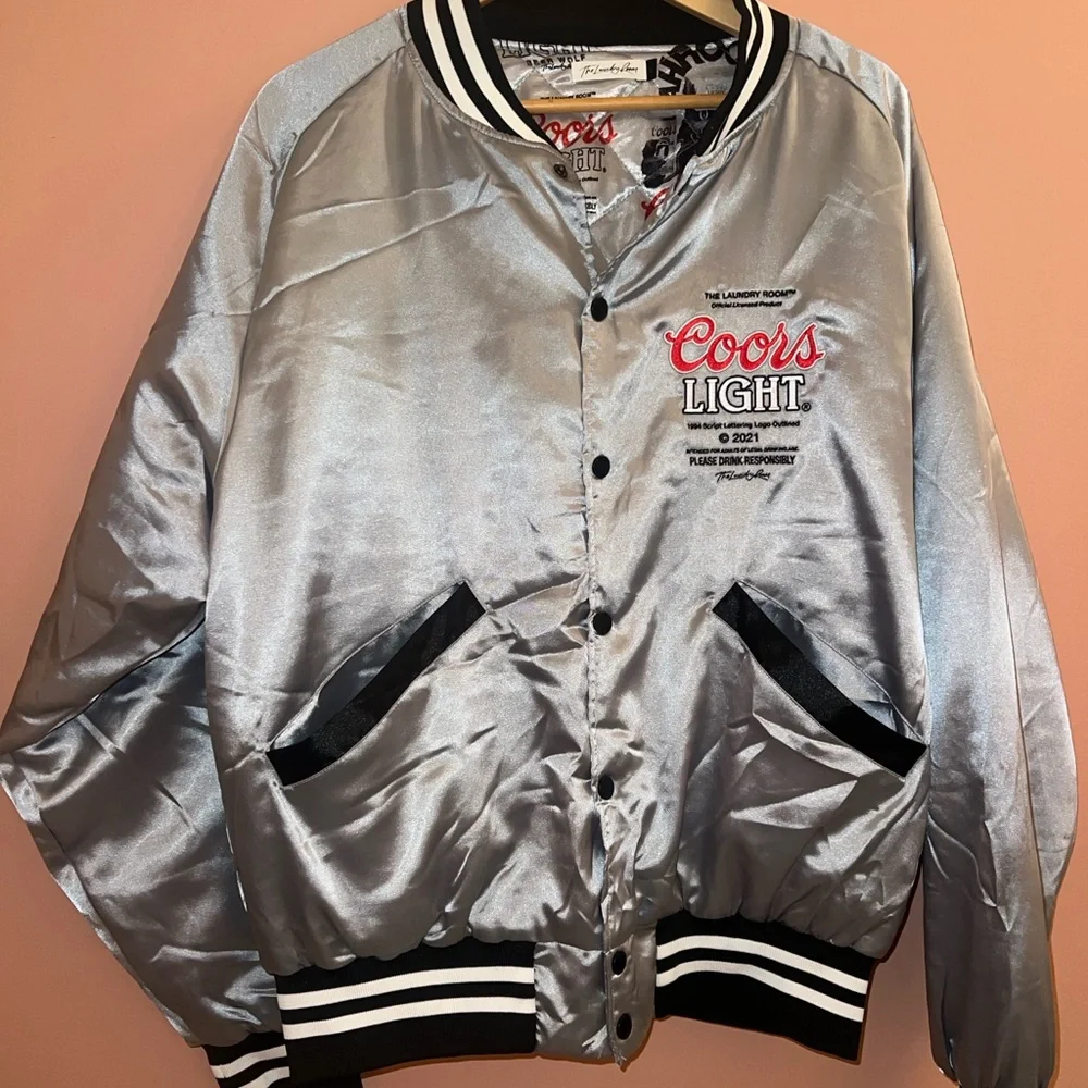 The Laundry Room x Coors Light Retro Silver Satin Bomber Jacket. Unisex. Large. - Picture 2 of 7